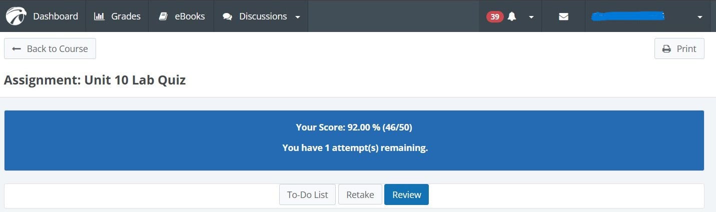 Hawkes Learning Unit 10 Quiz completed with excellent results