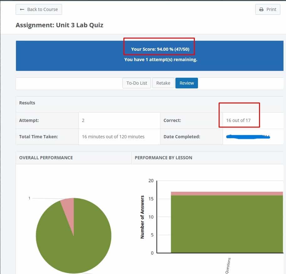 Hawkes Learning Unit 3 Quiz completed with high score