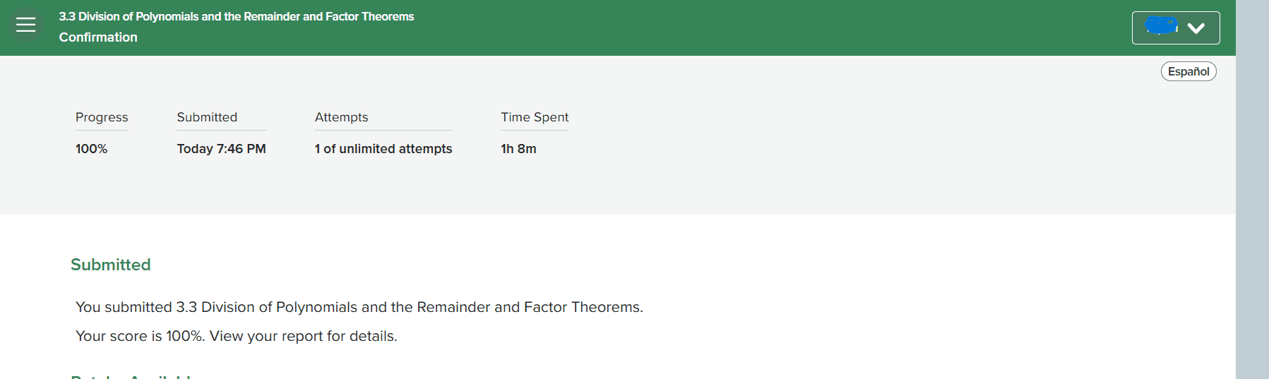 MATH 1314 online quiz interface showing perfect score on College Algebra assessment