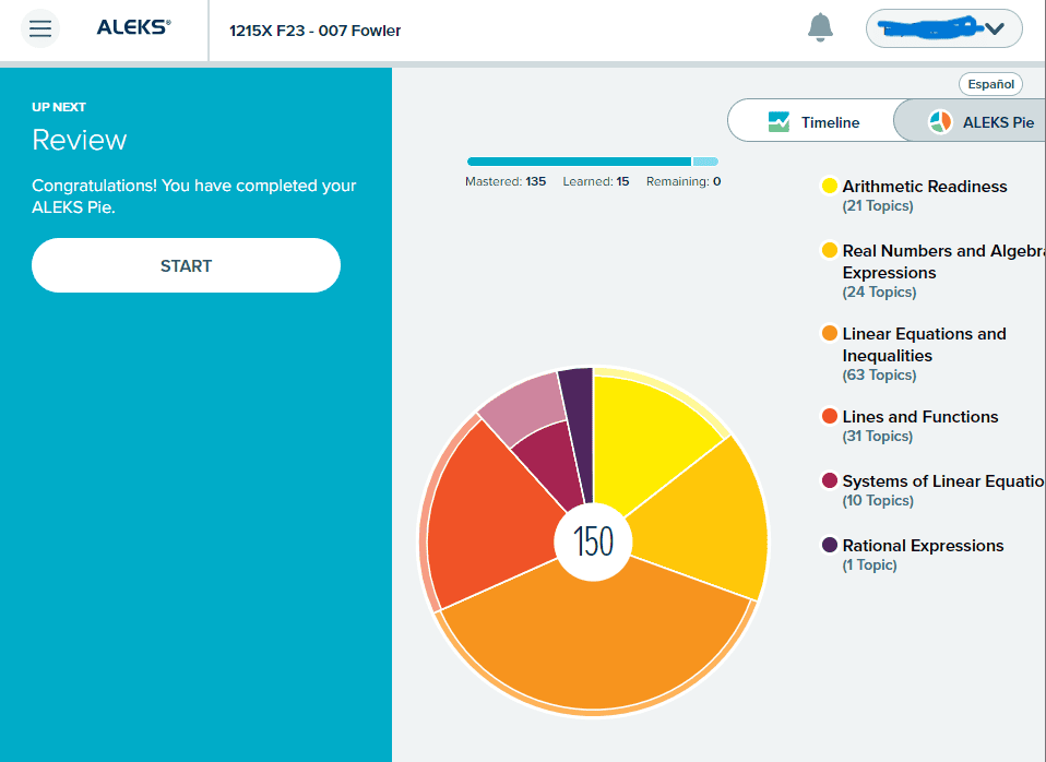ALEKS pie chart showing mastered topics percentage - hover over the pie to see your total topic count and calculate how many topics equal 1 percent