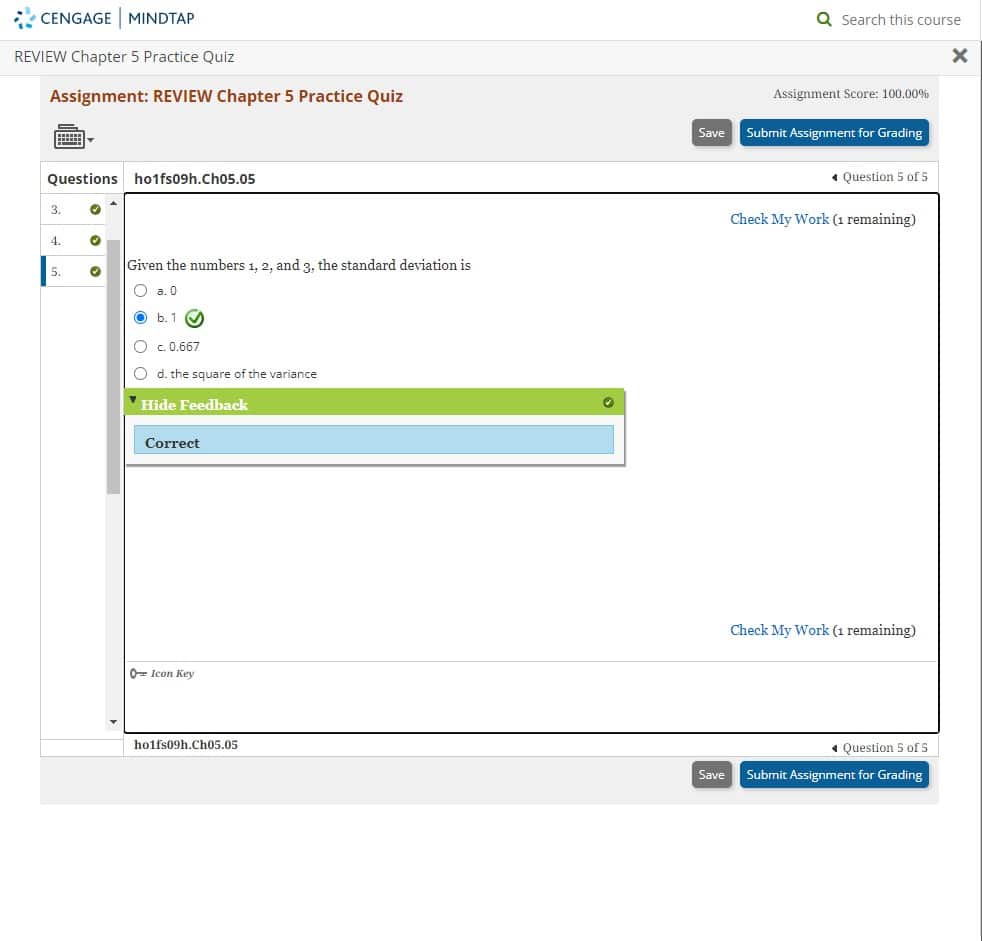 Cengage MindTap course interface showing completed work