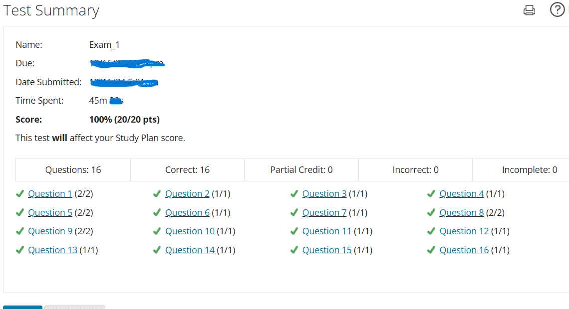 MyMathLab exam result showing perfect 100% score achieved by Finish My Math Class experts