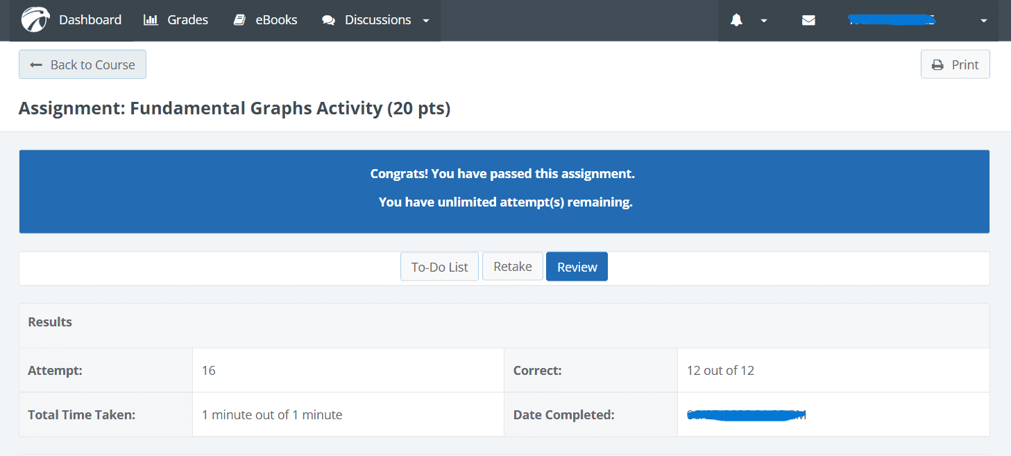 Hawkes Learning algebra lesson showing completion