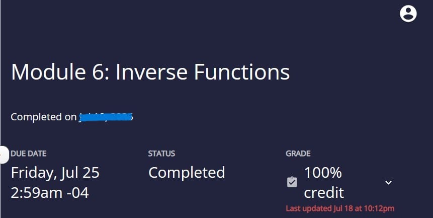 Knewton Alta algebra homework showing 100% score