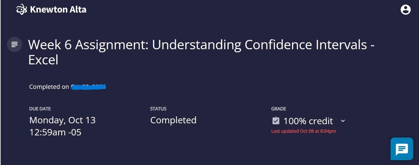 Knewton Alta statistics Excel assignment showing 100% score
