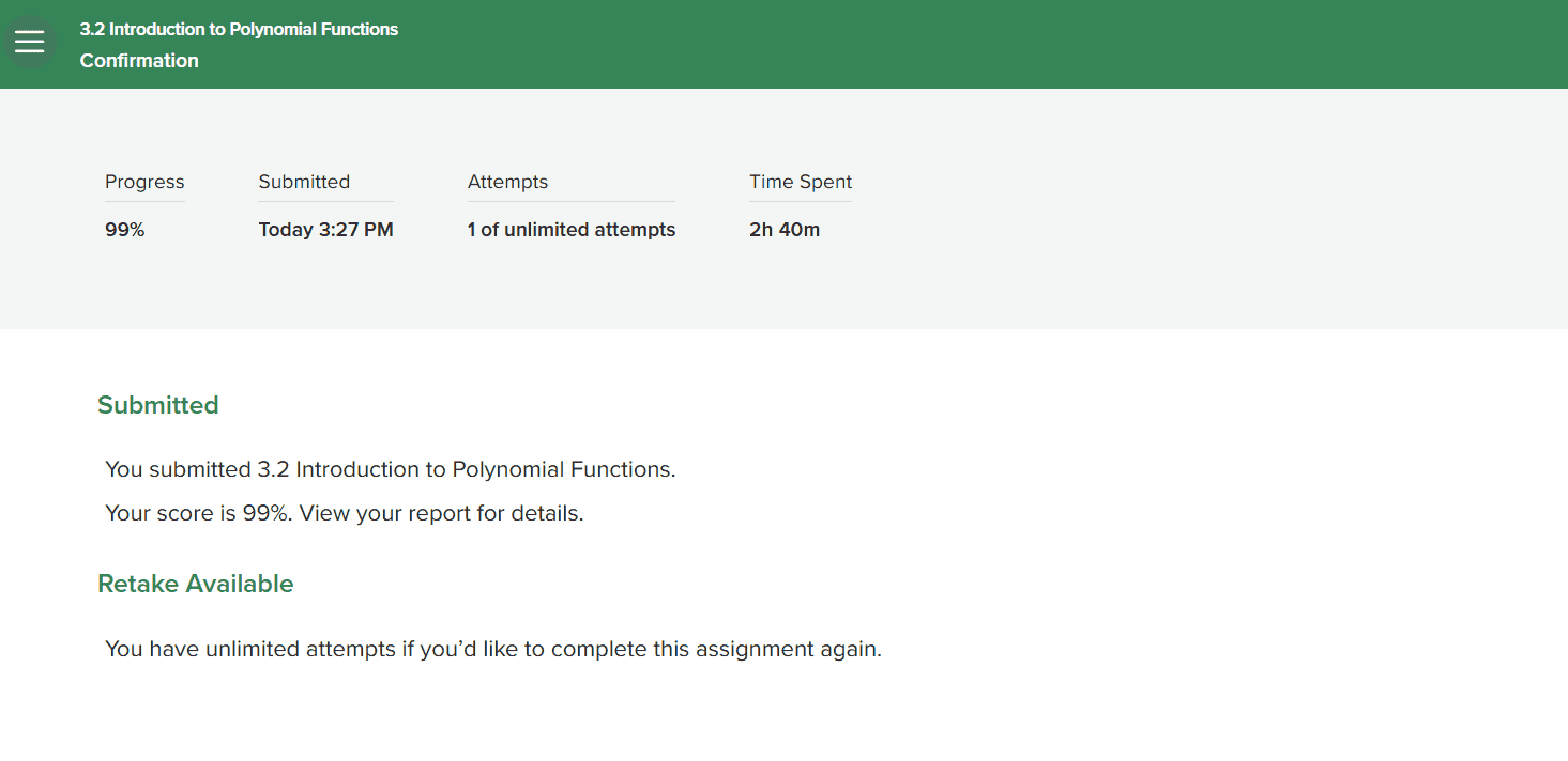 MATH 1314 College Algebra course showing 99 percent completion score on online platform