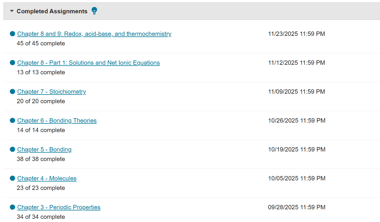 Pearson MasteringChemistry dashboard showing completed assignments