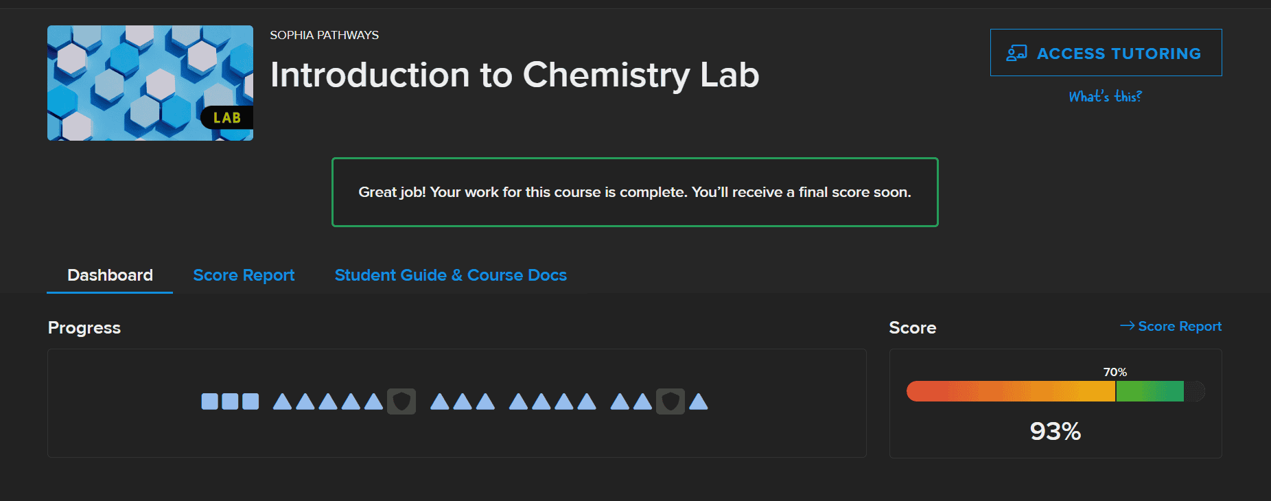 Sophia Learning Introduction to Chemistry Lab course showing 93 percent final grade with Labster activities completed