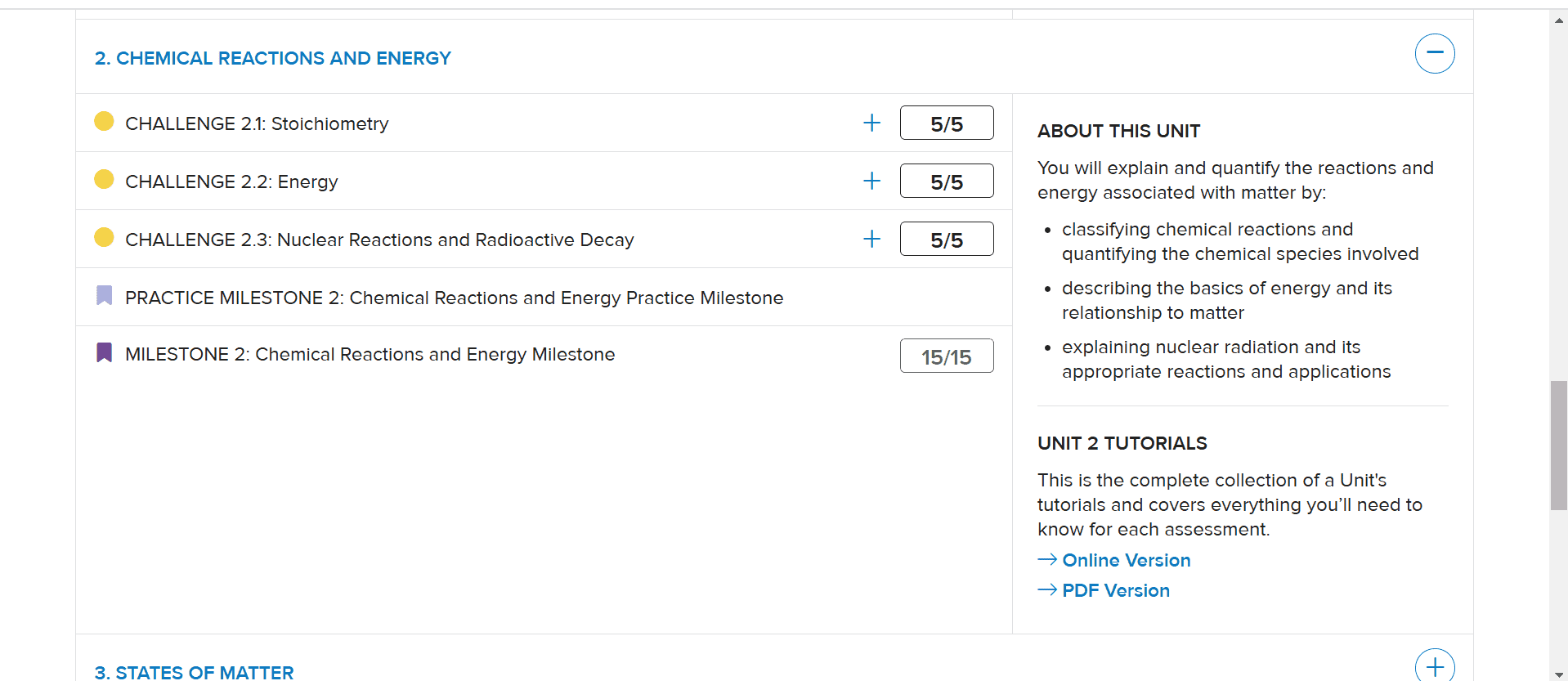 Sophia Learning Chemistry course unit structure showing modules and progress tracking