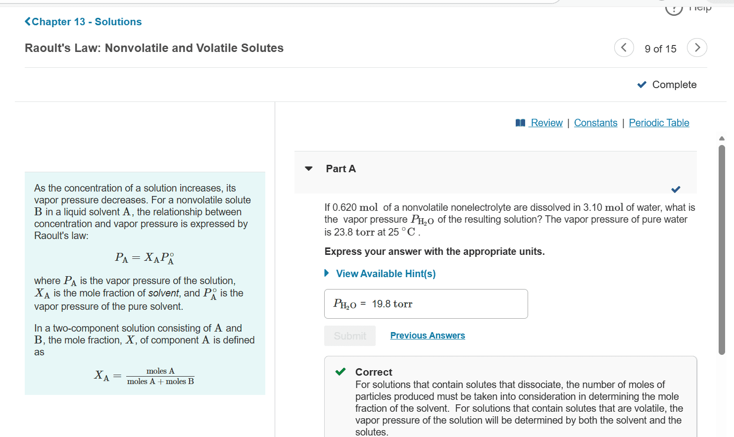 Screenshot of a second correctly answered Mastering Chemistry problem showing the platform's accepted input style