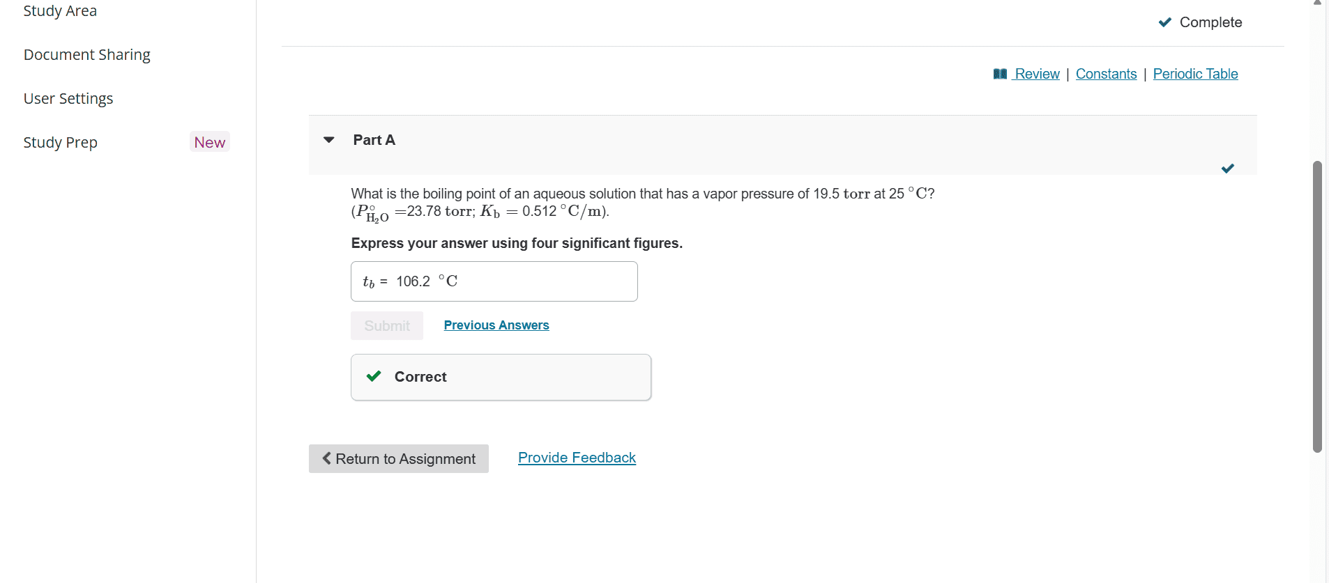 Screenshot of a correctly answered Mastering Chemistry problem showing accepted notation and input format
