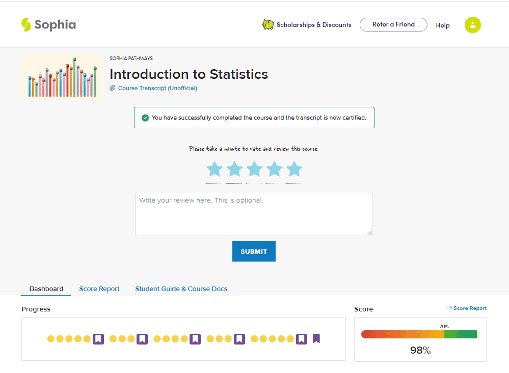 Sophia Learning Introduction to Statistics course marked complete on the student dashboard